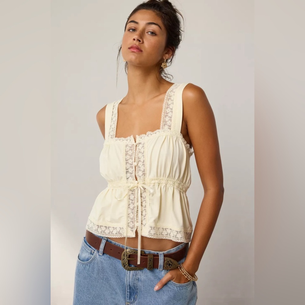 UO Kimchi Blue Amelie Eyelet Lace Trim Tie-Front Babydoll Top